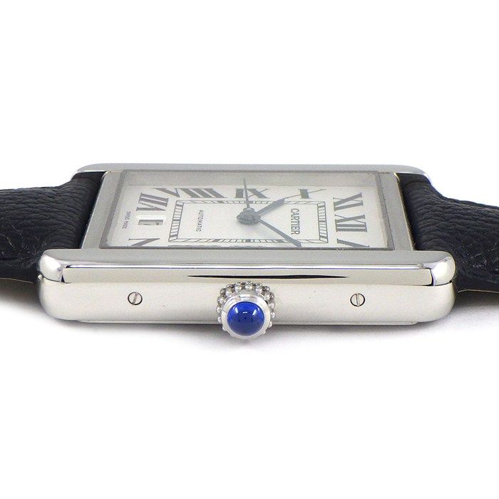 カルティエ Cartier 腕時計 タンクソロXL W 520027 レクタンギュラー シルバー文字盤 ローマンインデックス デイト ブラック 革ベルト SS 自動巻き