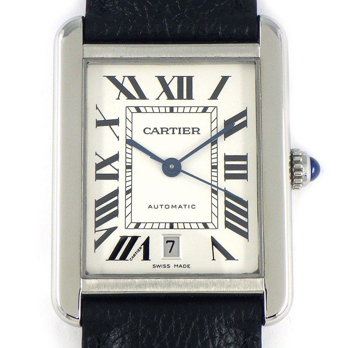 カルティエ Cartier 腕時計 タンクソロXL W 520027 レクタンギュラー シルバー文字盤 ローマンインデックス デイト ブラック 革ベルト SS 自動巻き
