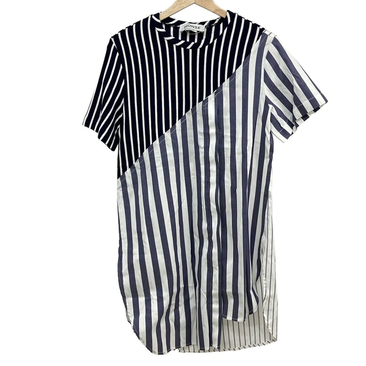 MONSE モンス ワンピース サイズS レディース - ダークネイビー×白×ネイビー クルーネック|半袖|ひざ丈|ストライプ