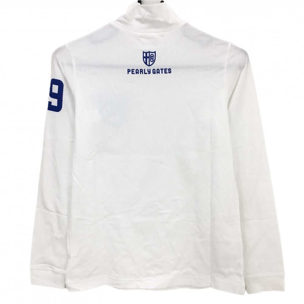 パーリーゲイツ 長袖ハイネックシャツ 白×ブルー ロゴプリント レディース 1 M ゴルフウェア PEARLY GATES