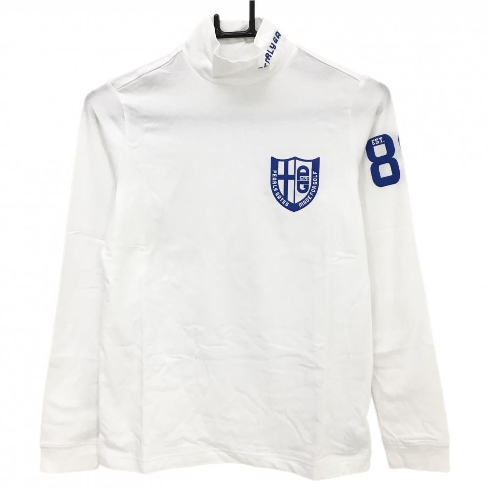 パーリーゲイツ 長袖ハイネックシャツ 白×ブルー ロゴプリント 日本製 レディース 1 M ゴルフウェア PEARLY GATES