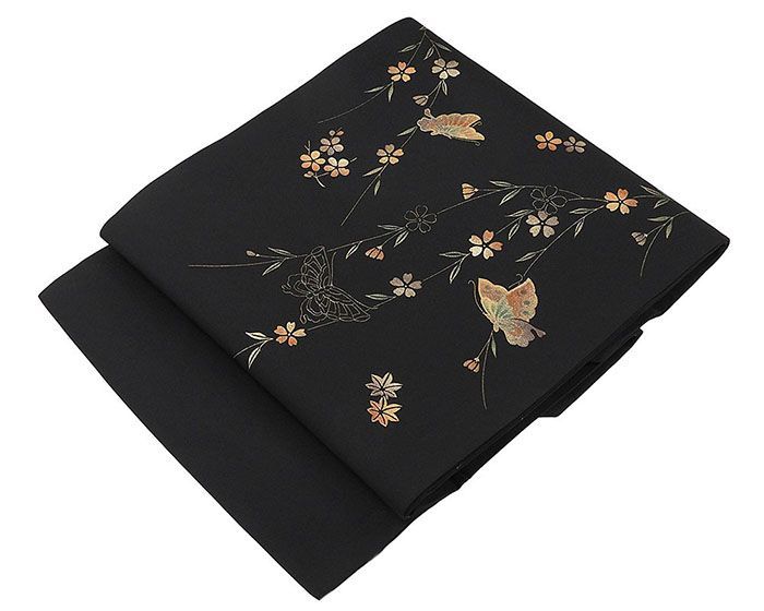 名古屋帯 仕立て上がり ポリエステル 小 桜 紅葉 蝶々 九寸 おしゃれ 仕立済み h 3170