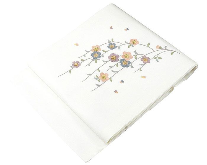 名古屋帯 仕立て上がり ポリエステル 刺繍 小 枝垂れ梅 九寸 おしゃれ 仕立済み h 3165