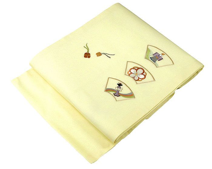 名古屋帯 仕立て上がり ポリエステル 刺繍 小 扇面 鈴 花 九寸 おしゃれ 仕立済み h 3162