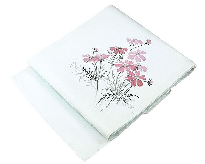 名古屋帯 仕立て上がり ポリエステル 小 秋桜 水色 九寸 おしゃれ 仕立済み h 3160