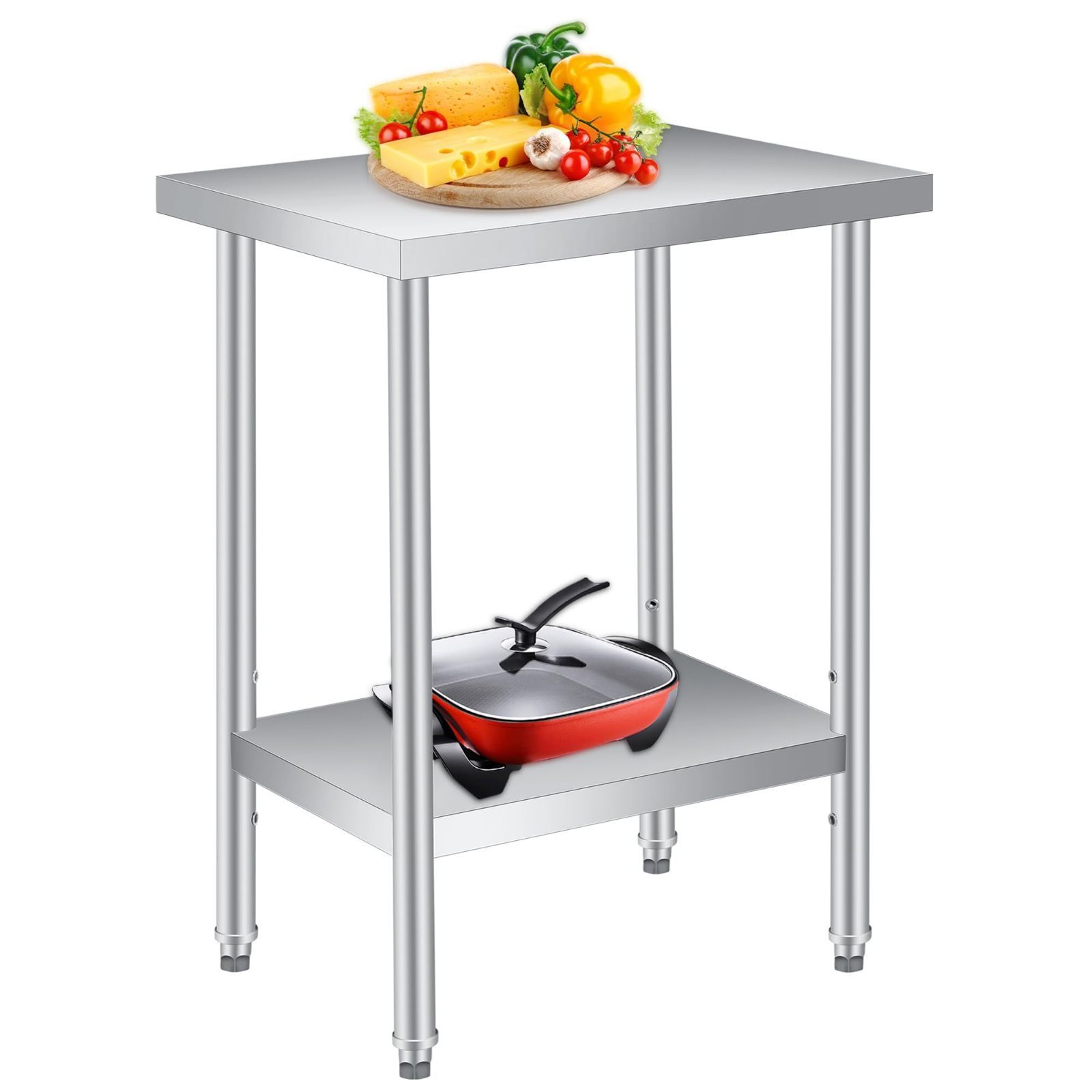 Garvee ステンレス作業台 業務用 W 60 D 46 H 89 cm 2層耐腐食ステンレス調理台 高さ調節 な棚付き キッチン レストラン 家庭用に錆びにくい