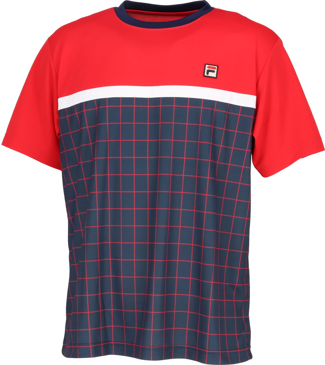 フィラ FILA テニス ゲームシャツ メンズ 男性 大人 半袖 Tシャツ トップス ウェア ロゴ 吸水 速乾 UVカット 接触冷感 ウィンドペン柄 部活動 クラブ サークル スクール EM0083 20Z フィラネイビー