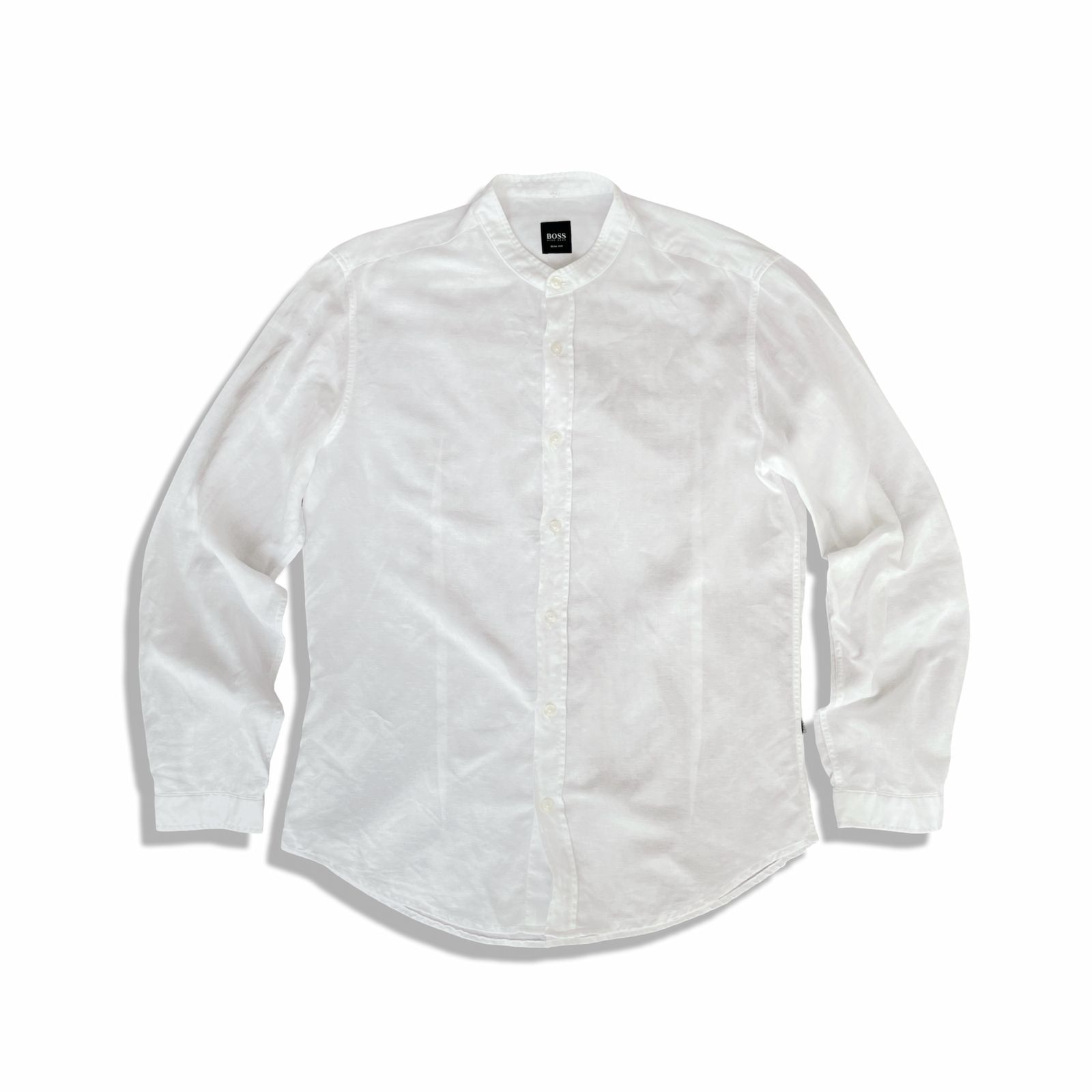 BOSS ボス SLIM FIT スリムフィット リネンブレンド マオ ストライプ柄 長袖 シャツ size M ホワイト メンズ HUGO