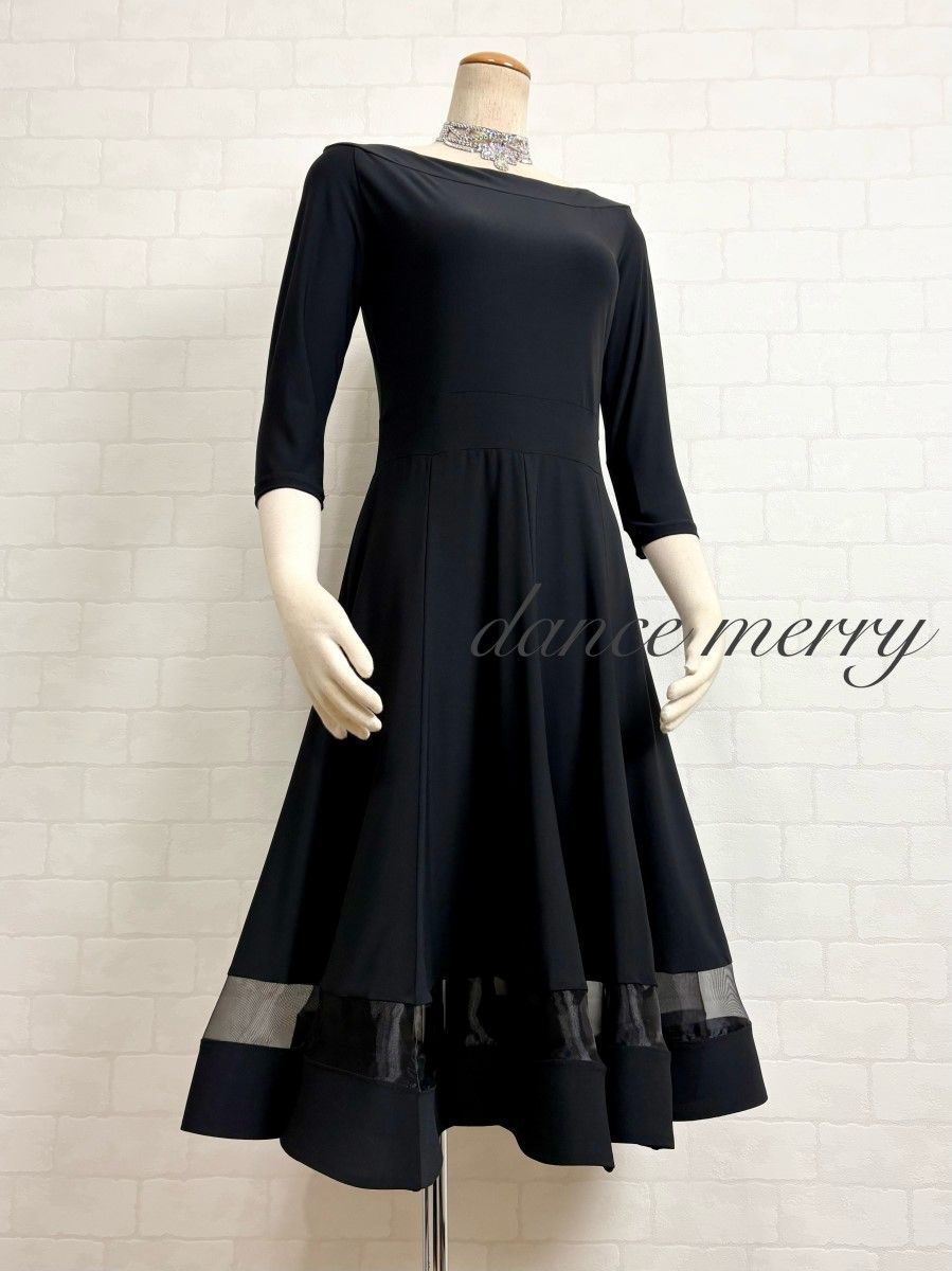 短め MERRY 社交ダンス ワンピース ミディアム丈 黒 レッスン パーティ 2415 普段着にも