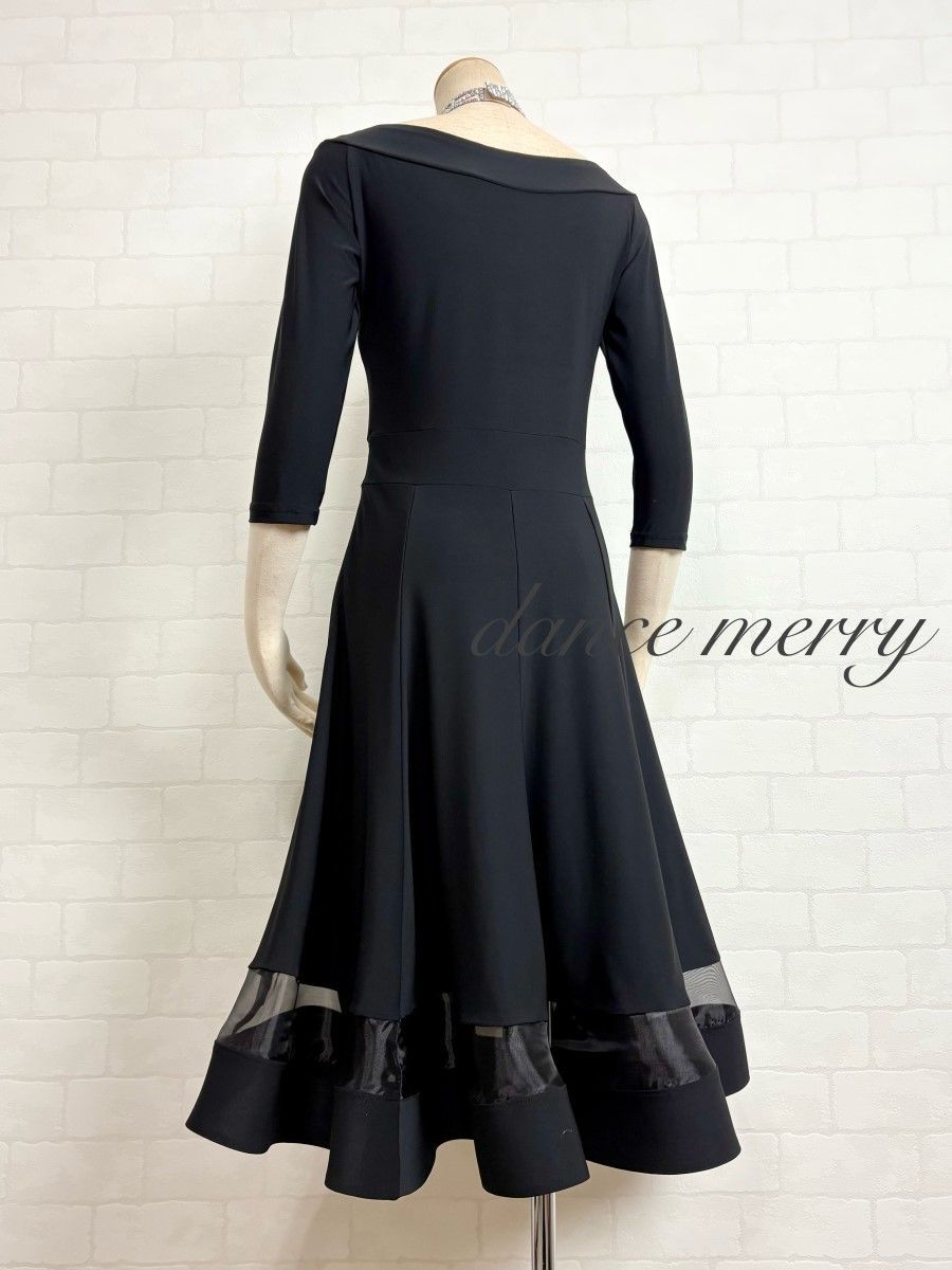 短め【MERRY】新品 社交ダンス ワンピース ミディアム丈 黒 レッスン
