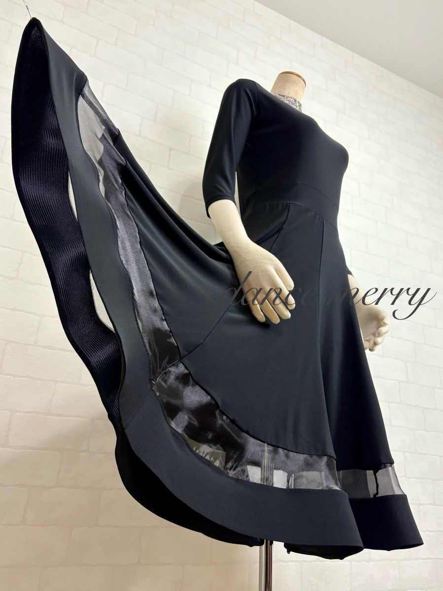 短め MERRY 社交ダンス ワンピース ミディアム丈 黒 レッスン パーティ 2415 普段着にも＊