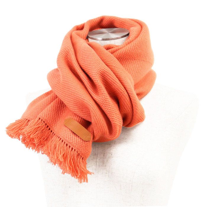 HERMES エルメス グランド シェブロン マフラー カシミヤ ロゴ レザー ヘリンボーン ジオメトリック スカーフ 小物 メンズ レディース ユニセックス コーラルオレンジ 橙色 ネパール製