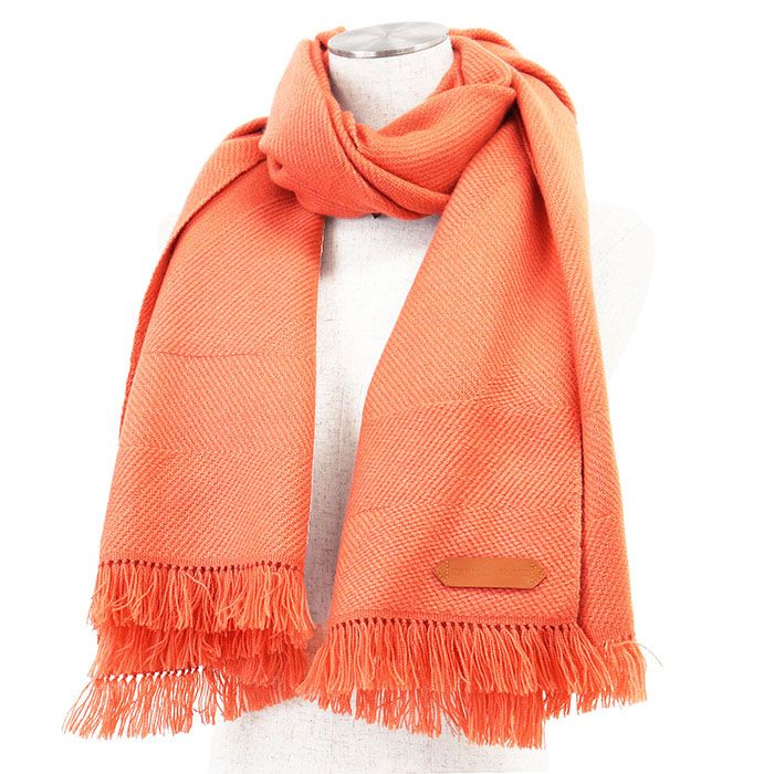 HERMES エルメス グランド シェブロン マフラー カシミヤ ロゴ レザー ヘリンボーン ジオメトリック スカーフ 小物 メンズ レディース ユニセックス コーラルオレンジ 橙色 ネパール製