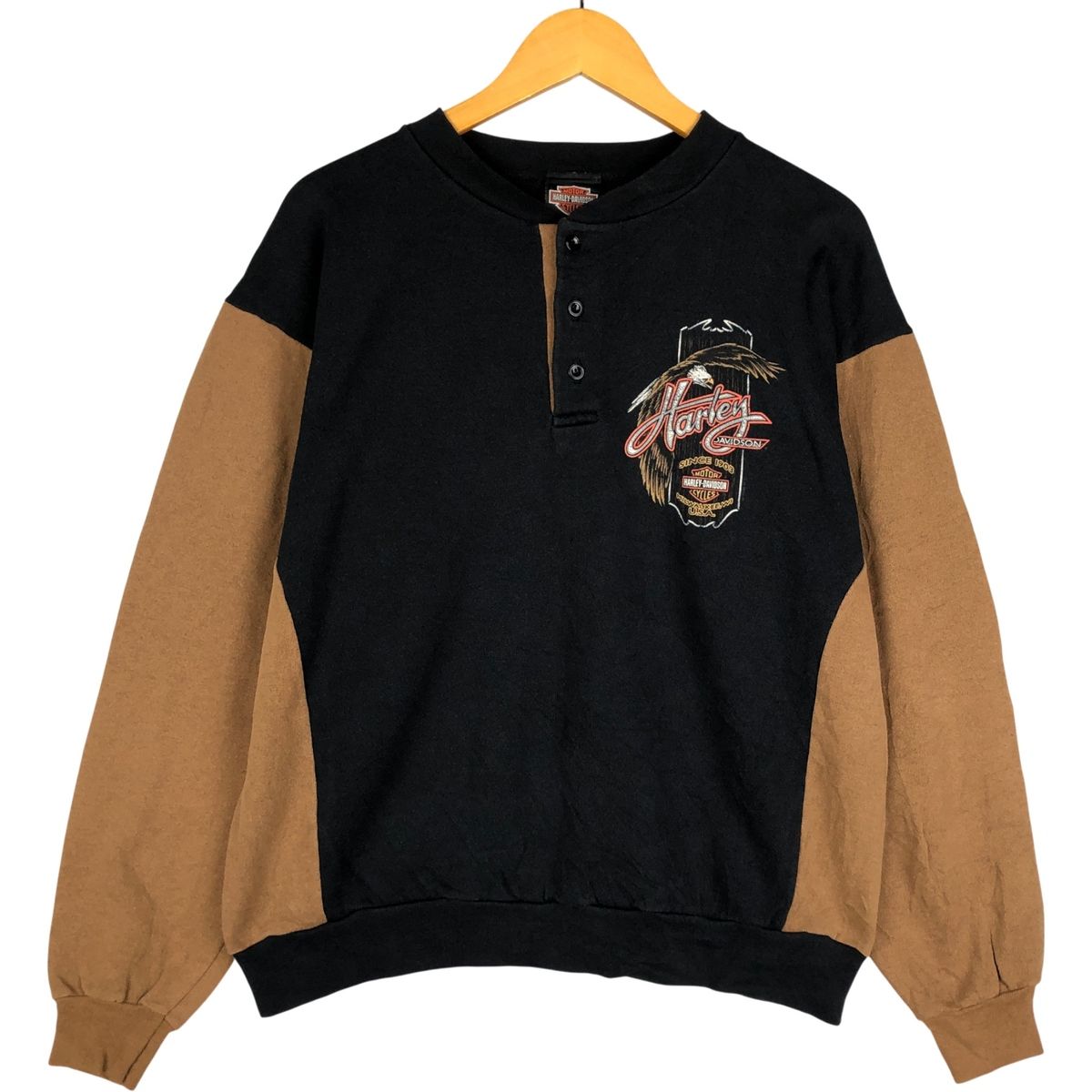 古着 00年代 ハーレーダビッドソン Harley Davidson 鷲柄 イーグル柄 ヘンリーネック ツートン アドバタイジング eaa 419323