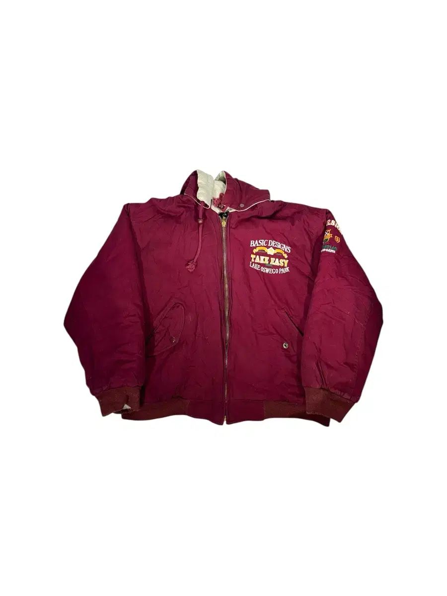日本 ヴィンテージ バーガンディ ベージュ リバーシブル 양면 フード アウター ジャケット ジャンパー 刺繍