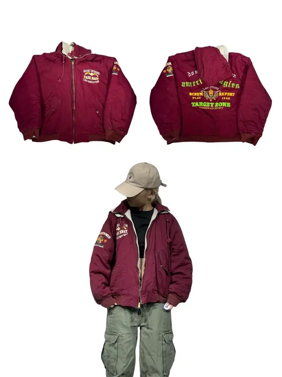 日本 ヴィンテージ バーガンディ ベージュ リバーシブル 양면 フード アウター ジャケット ジャンパー 刺繍