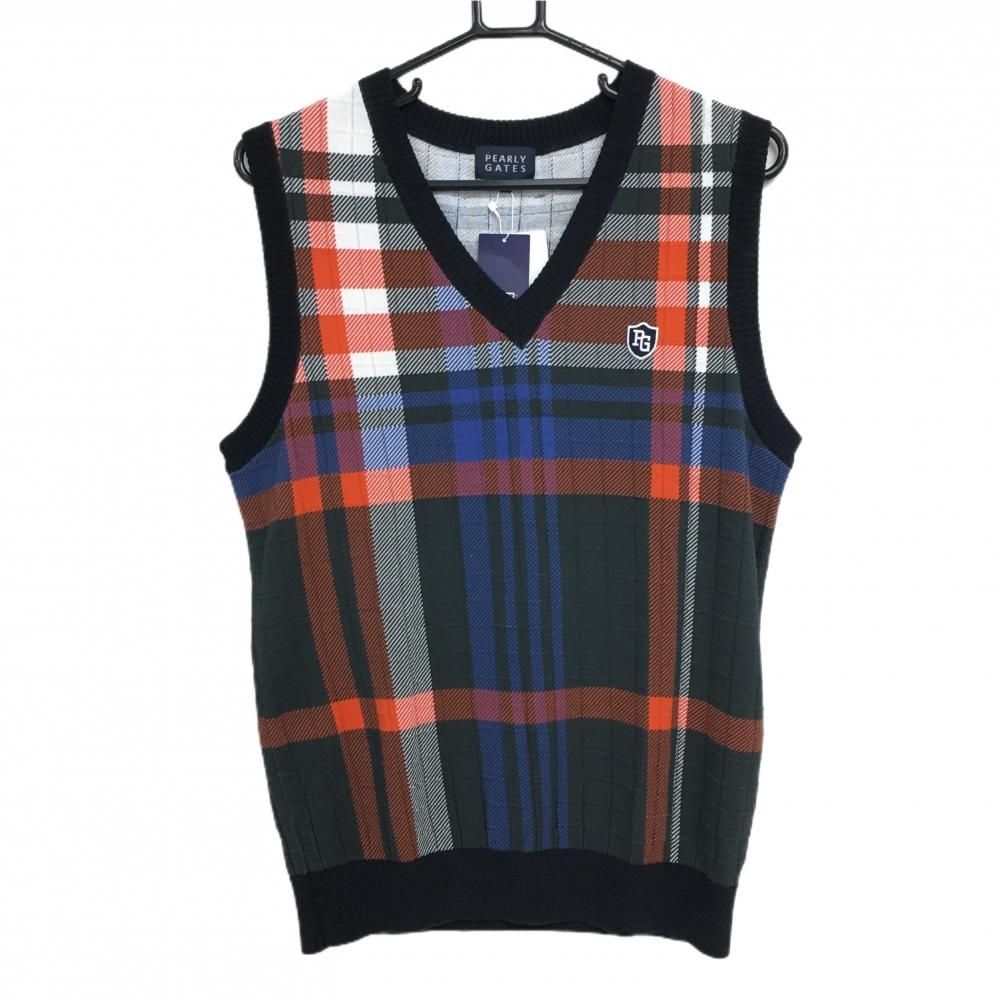 パーリーゲイツ ニットベスト ネイビー×レッド×ブルー Vネック チェック メンズ 4 M ゴルフウェア PEARLY GATES