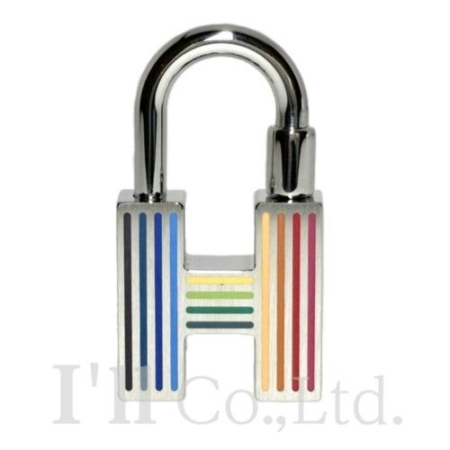 HERMES エルメス クイズ レインボー カデナ キーリング メタル ラッカー シルバー マルチカラー アクセサリー ブランド小物 キーホルダー Hモチーフ チャーム 南京錠 81233