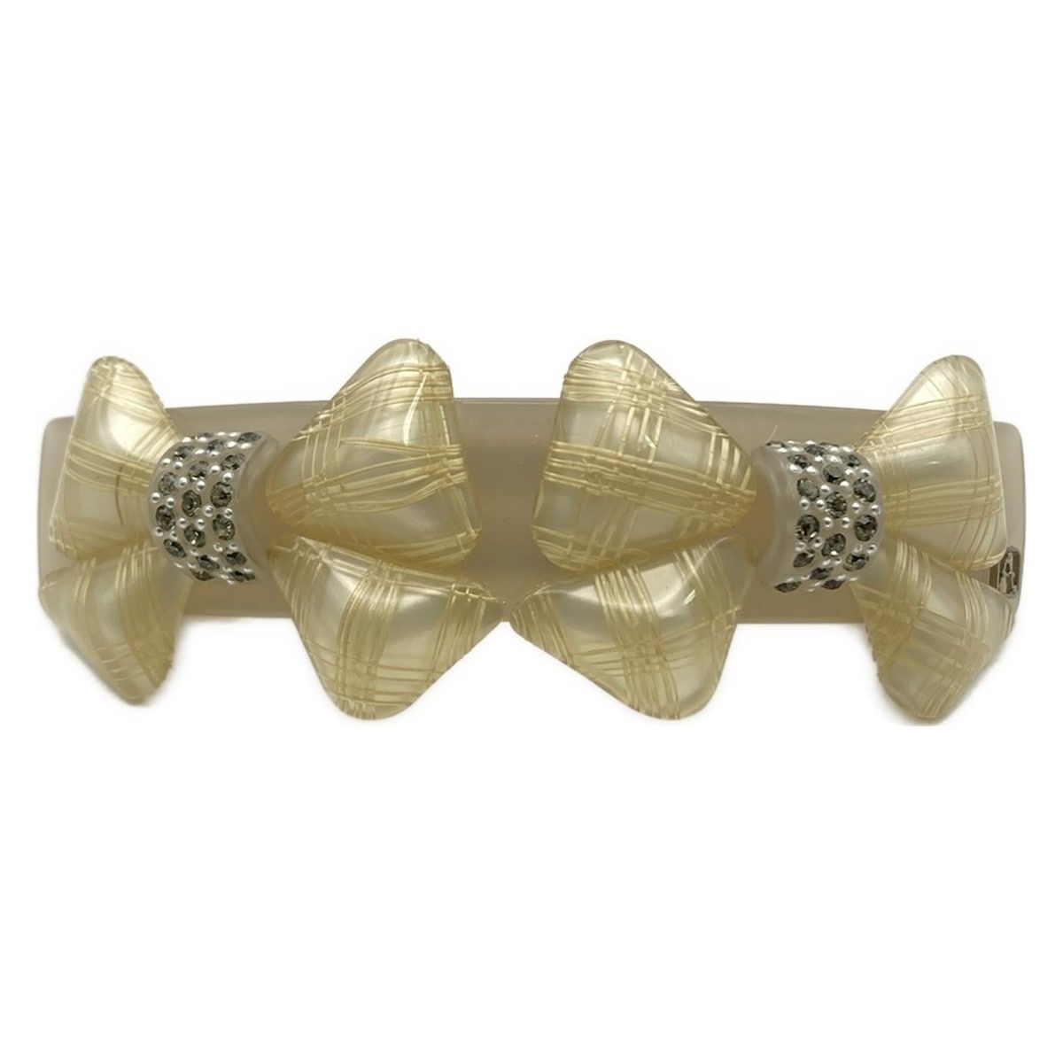 ALEXANDRE de PARIS アレクサンドル ドゥ パリ バレッタ - ライトグレー×アイボリー×ゴールド リボン|ラインストーン|チェック柄