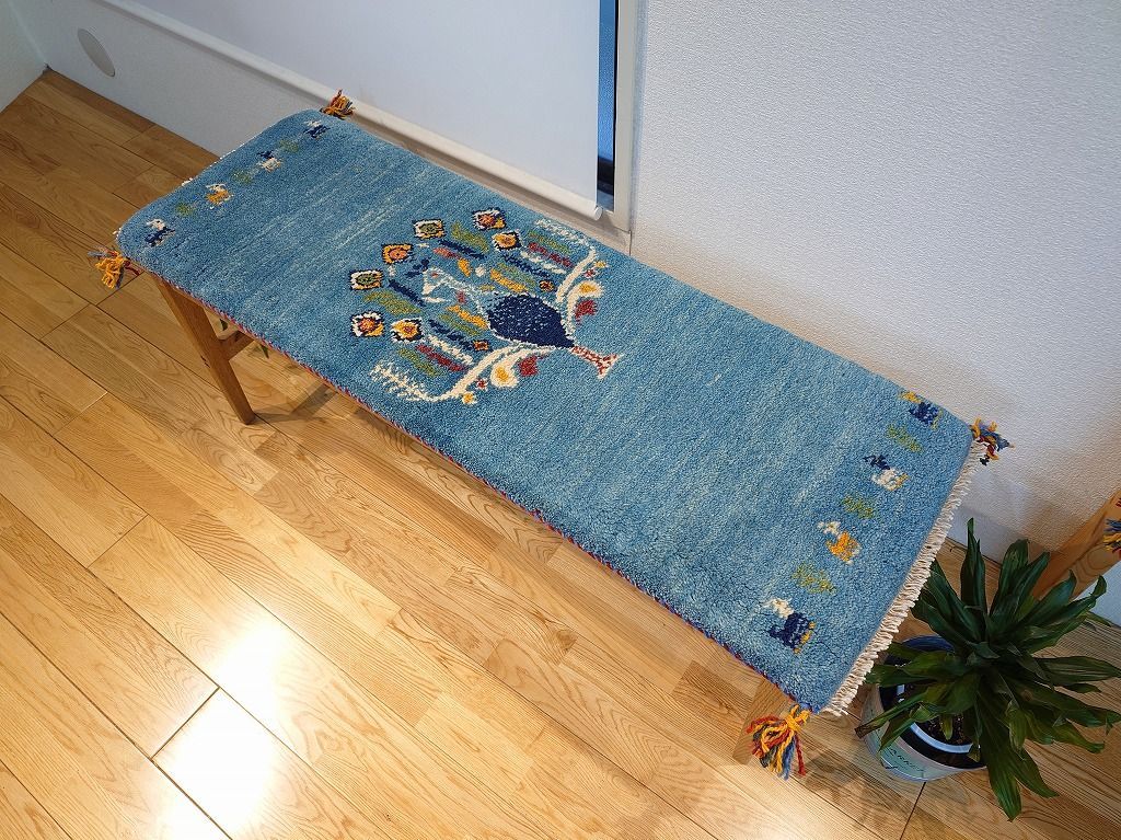 ペルシャ ギャッベ ミニランナー ラグ 115x40cm 青 孔雀 RJ15904G