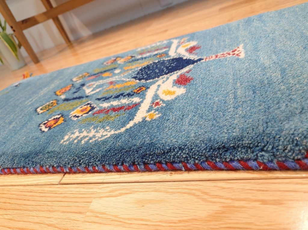 ペルシャ ギャッベ ミニランナー ラグ 115x40cm 青 孔雀 RJ15904G