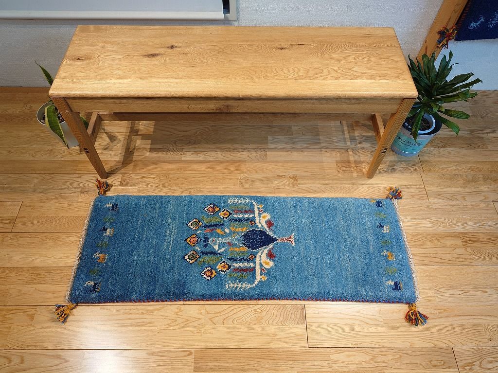 ペルシャ ギャッベ ミニランナー ラグ 115x40cm 青 孔雀 RJ15904G