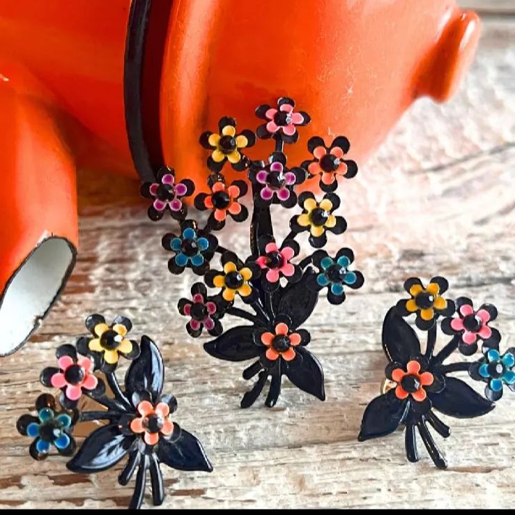 セット ブラック マルチ ブローチ＆イヤリング 花 ブーケ 60年代イギリス