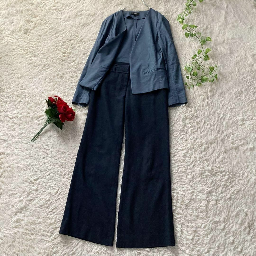 セオリー エムプルミエ サマーパンツスーツ カラーレスジャケット 麻混 ブルー ネイビー Theory M-PREMIER