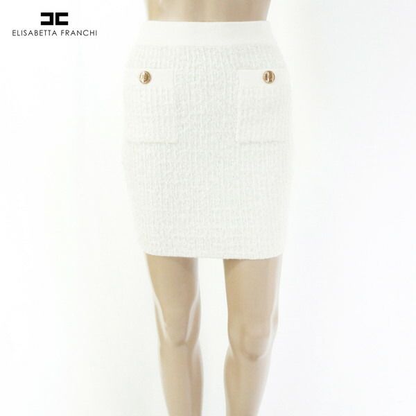 80 OFF エリザベッタフランキ FRANCHI スカート 40 ESK 712 Sサイズ ホワイト レディース ニットスカート タイトスカート ゴールドボタン