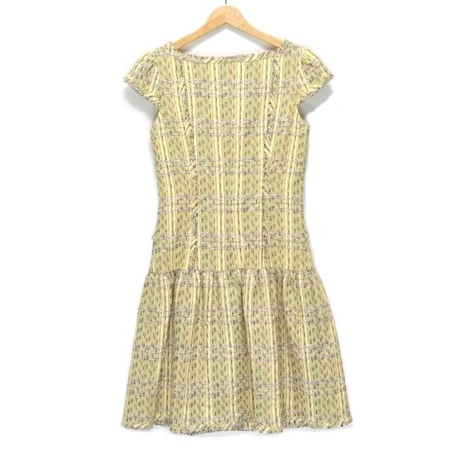 Rene ルネ ワンピース サイズ34 S レディース ライトイエロー 黒 マルチ 半袖 ひざ丈 ツイード ジップアップ TISSUE