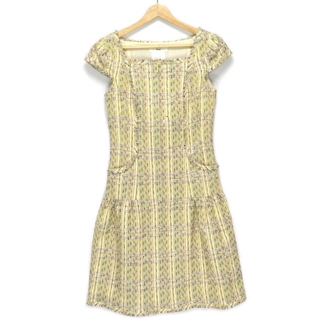Rene ルネ ワンピース サイズ34 S レディース - ライトイエロー×黒×マルチ 半袖|ひざ丈|ツイード|ジップアップ|TISSUE