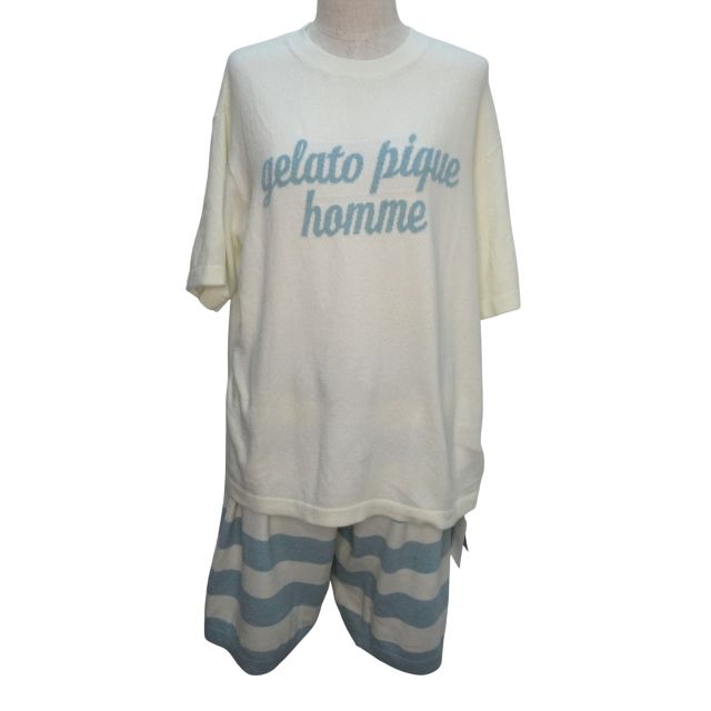 ジェラートピケオム GELATO PIQUE HOMME ルームウェア セットアップ 半袖 プルオーバー ハーフパンツ ロゴ ボーダー Lサイズ ホワイト系 ブルー 1126