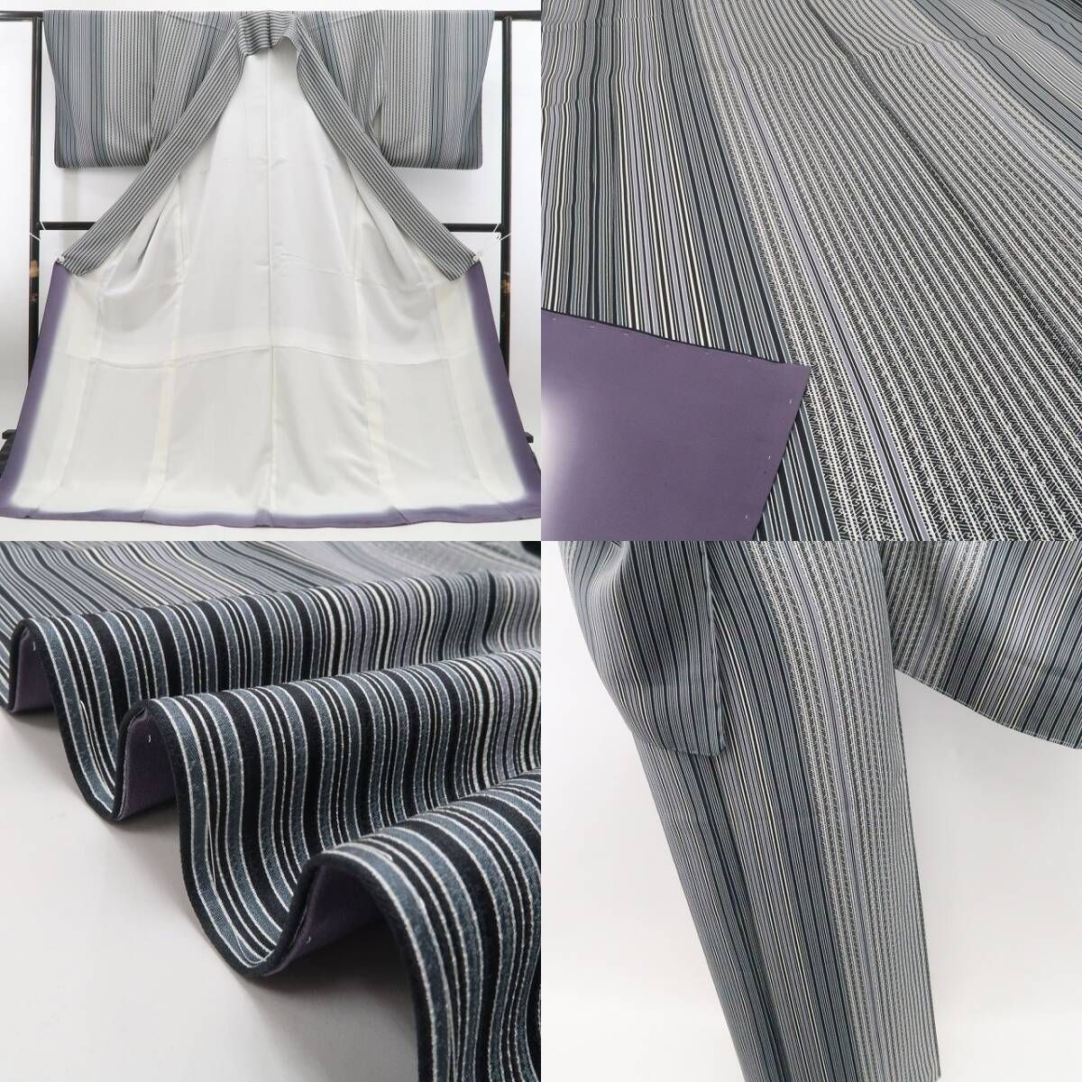 モノトーン縦縞小紋 正絹着物 ❁tomihisa❁新品 縦縞 モノトーン 着物 正絹 仕付け糸付“色味を抑え