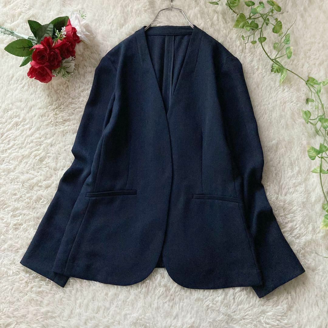 洗える anysis スラブツイルストレッチ カラーレスジャケット＆パンツ セットアップ ネイビー エニィスィス