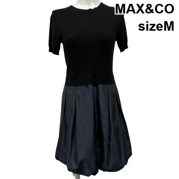 マックスアンドコー MAX CO 異素材ドッキングワンピース 膝丈ワンピース 半袖 ニット ネイビー 黒 ウール M 9号 レディース S 5 X 604