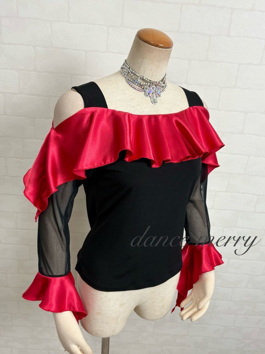 新品　M-L　新品　社交ダンス　トップス　黒　赤　サテン　パソ　ラテン　2814
