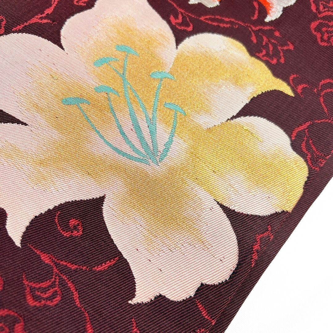 名古屋帯 アンティーク 百合の花 百合 唐花模様 金糸 着物 114 b p ms ベージュ系 仕事着