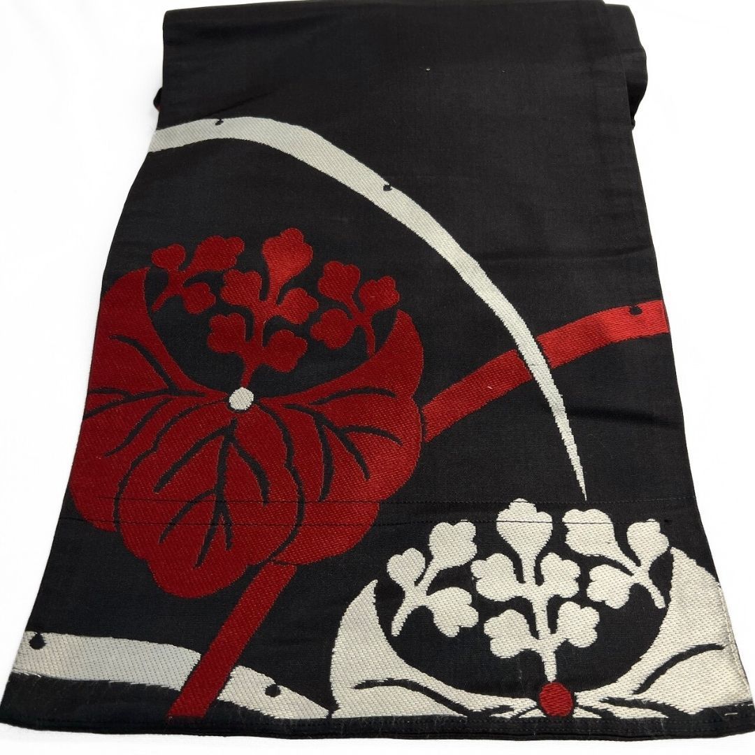 名古屋帯 アンティーク 黒地 桐の花 芝草 着物 114 b p ms