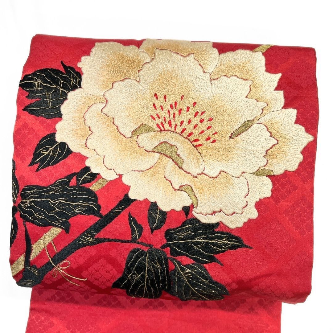 名古屋帯 アンティーク 刺繍 牡丹 花菱 着物 114b p ms - メルカリ