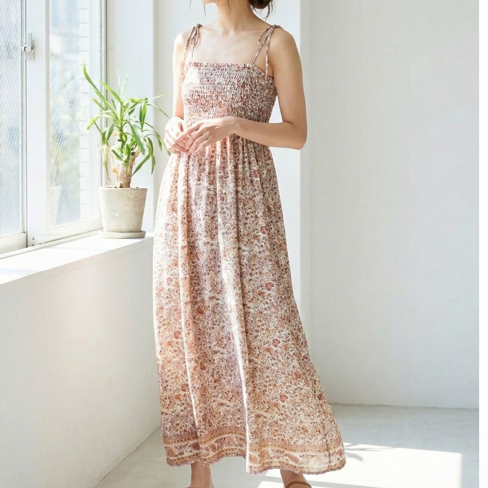 ne Quittez pas 花柄 シルク キャミワンピース ピンク ヌキテパ ロング