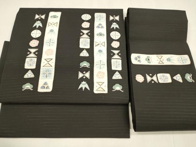 平和屋着物 夏物 絽塩瀬 つけ帯 抽象花松文 黒地 金彩 正絹 cm