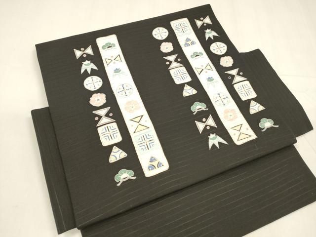 平和屋着物 夏物 絽塩瀬 つけ帯 抽象花松文 黒地 金彩 正絹 cm