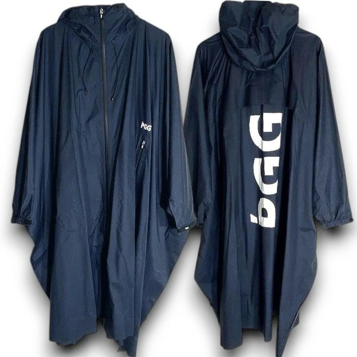 ピージージー パーリーゲイツ ゴルフ 防水 透湿 PERTEX ナイロン デニム調プリント ダブルジップ フーディ ロングコート ポンチョ レインウェア ウェア 268 2125303 定価7 4万 ネイビー 082 51121 w 01