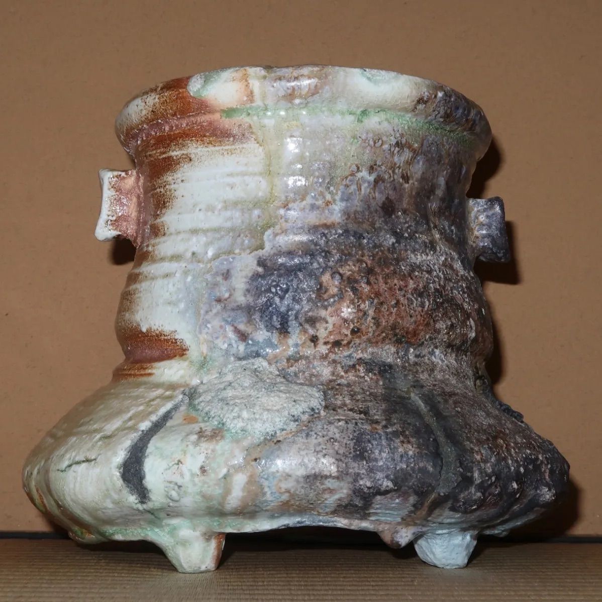 茶道具】杉本貞光 寺垣外窯 伊賀破袋水指 （川瀬表完作 塗蓋添