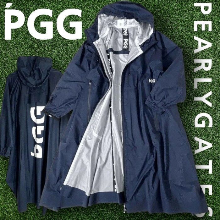 ピージージー パーリーゲイツ ゴルフ 防水×透湿 PERTEX ナイロン デニム調プリント ダブルジップ フーディ ロングコート ポンチョ レインウェア ウェア 268-2125303 定価7.4万 ネイビー 082 51121 w 01