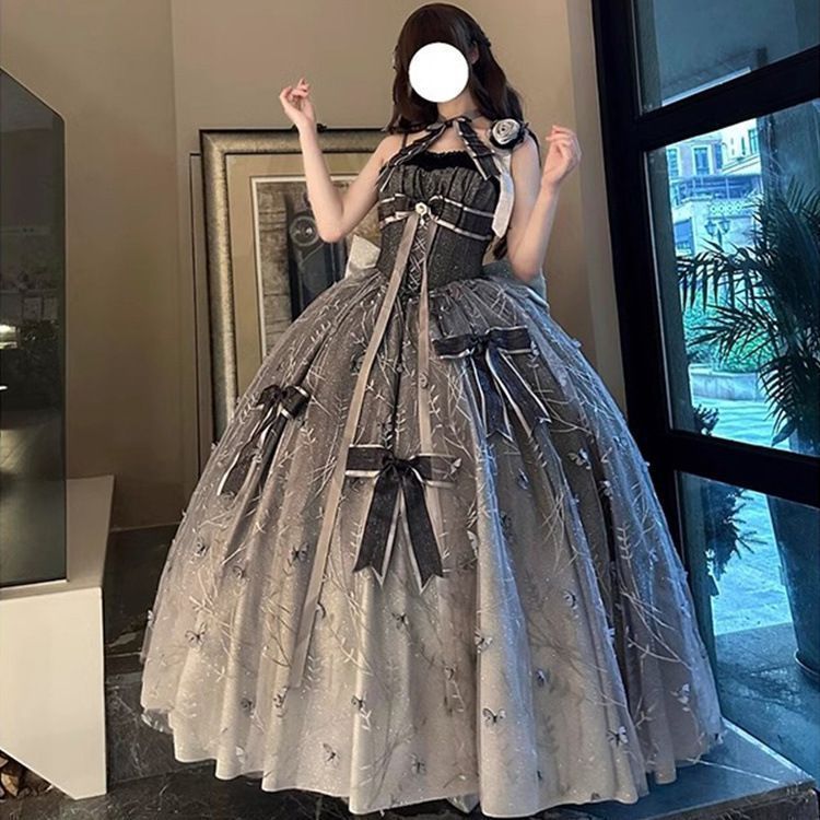 ♥ 2025 水墨グレー 花嫁 ロリータ JSK ドレス 豪華ビジュー 刺繍 リボン付き ボリュームスカート プリンセスドレス クリスマ