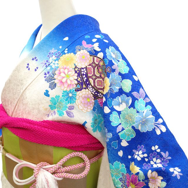 中古】 振袖 着物 リサイクル 正絹 成人式 フォーマル 金駒刺繍 白 青