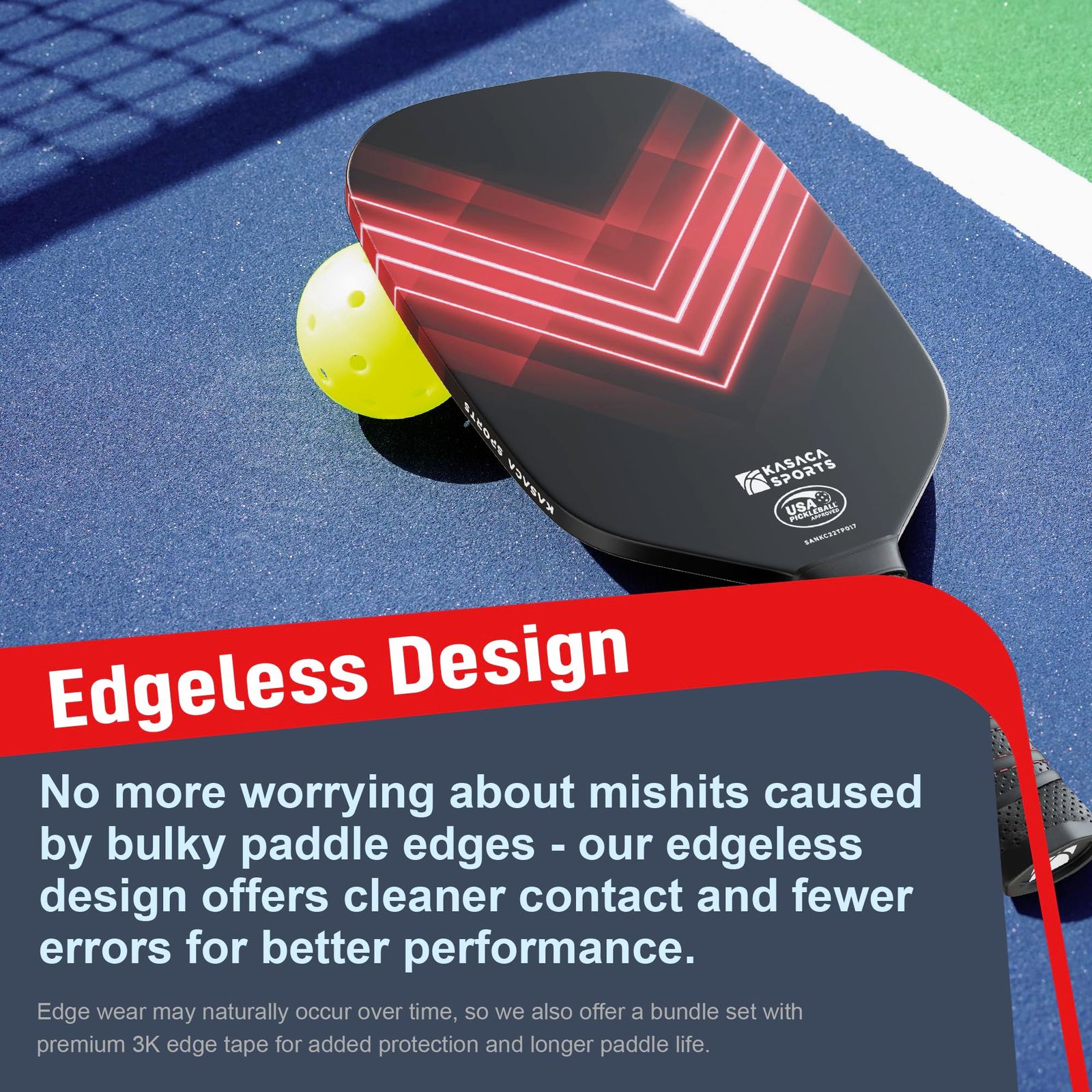 Kasaca ピックルボールパドル USAPA カーボンファイバーピックルボールパドル 保護カバー付き ピックルボールラケット エッジレススタイル カーボンファイバー表面 中級 プロ用 レッド