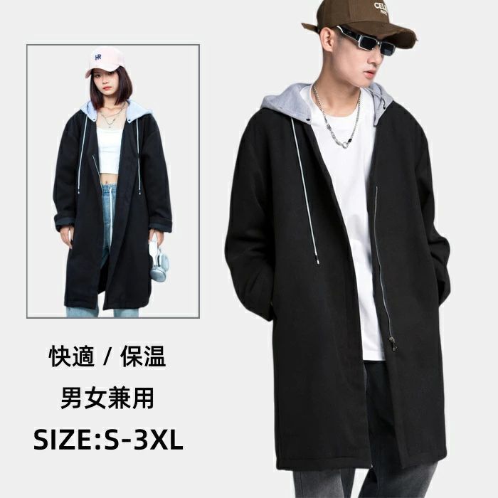 カジュアルコート 重ね風 男女兼用 フード付きコート メンズコート ミドル丈コート 保温 ゆったりコート ジップアップ 快適 防風 トレンチ