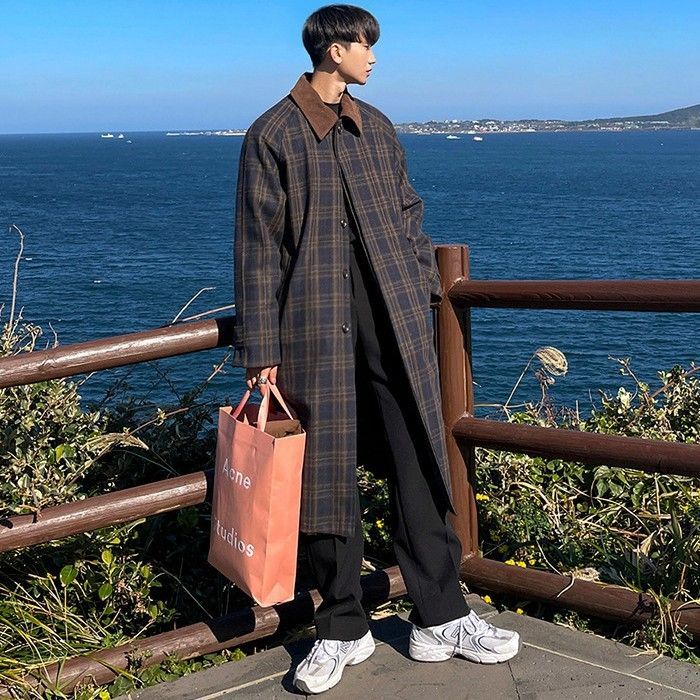 ステンカラーコート メルトンコート メンズコート チェック柄 ロングコート ロング丈 アウター 通勤 秋 冬服 ゆったり ビジネスコート 厚地